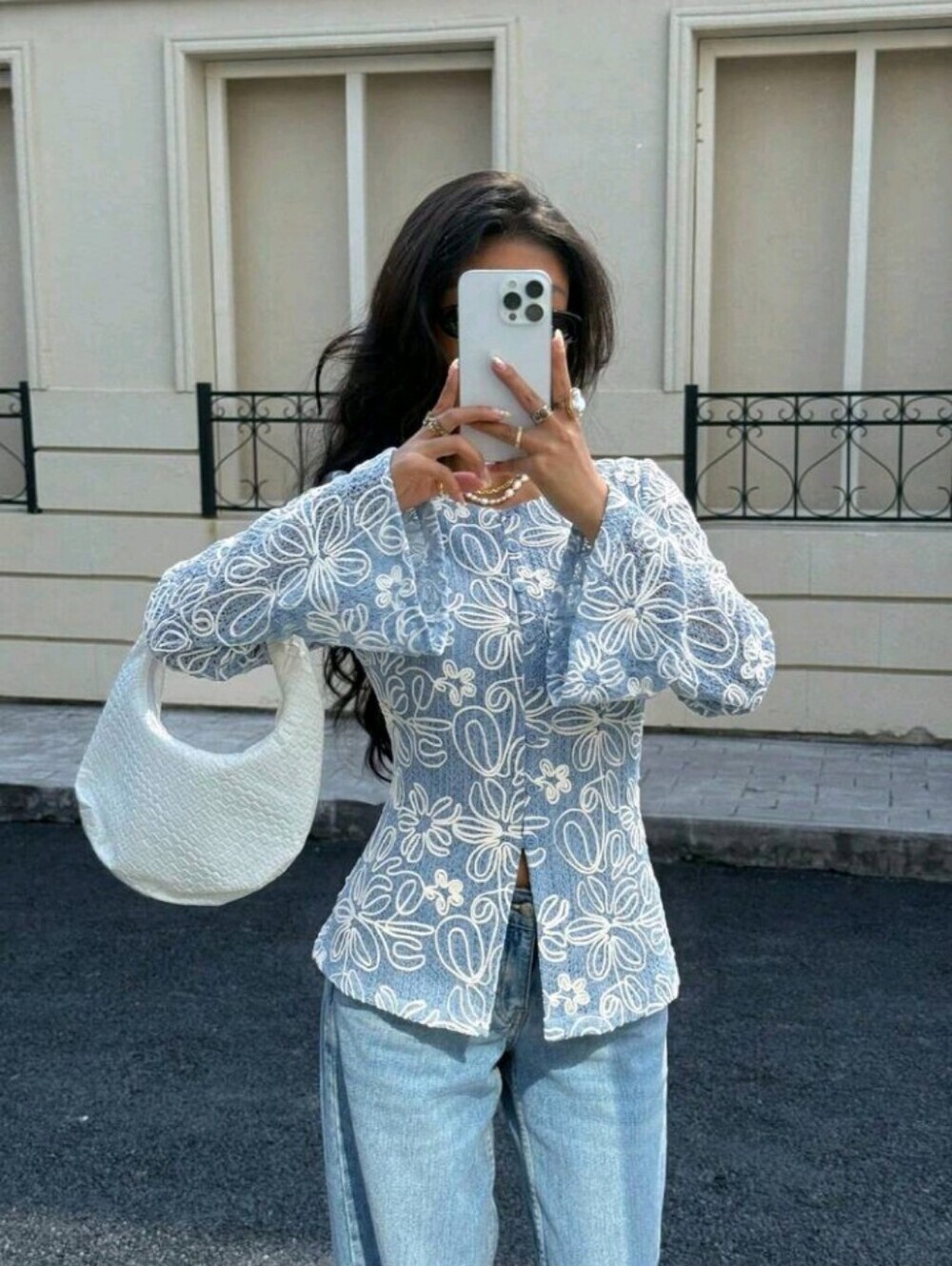 All-Season New Embroidered Long Sleeve Blouse For Women Brunch Blue
